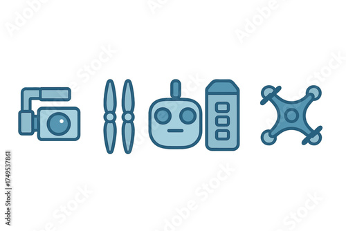 Modern technology components including drone parts, remote control, action camera, and quadcopter frame