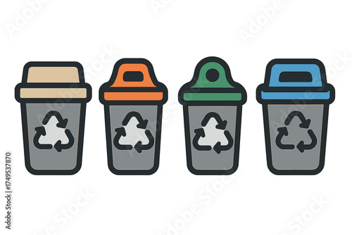 Four recycling bins with different colored lids for waste sorting and environmental protection
