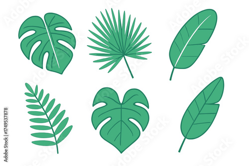 Stylized set of green tropical foliage elements isolated on a white background