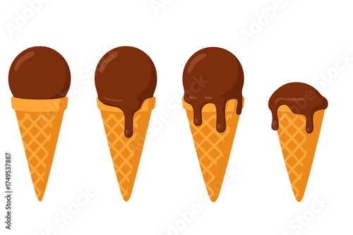 Four chocolate ice cream scoops melting and dripping down crispy waffle cones
