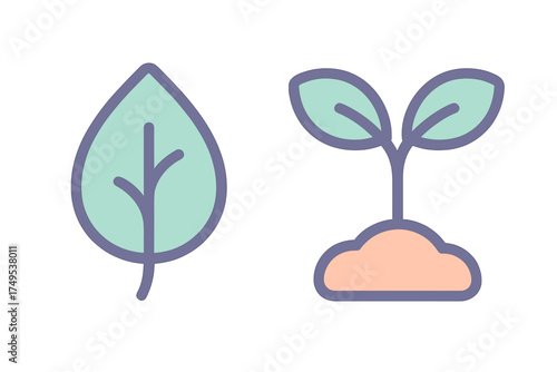 Simple graphic icons depicting natural growth and environmental concepts like a green leaf and a plant sprout emerging from soil