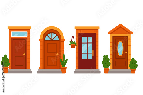 Four different styles of residential front doors with windows, brick facades, and potted plants