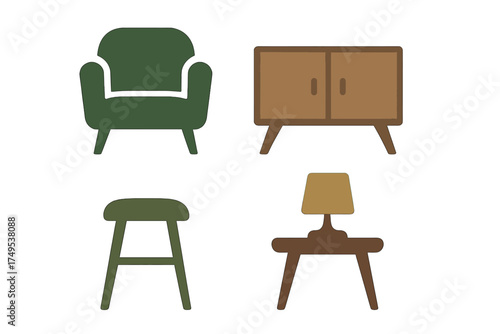 Minimalist mid-century modern furniture collection featuring armchair cabinet stool and lamp table