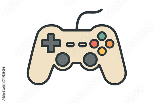 Retro wired video game controller with colorful buttons and directional pad