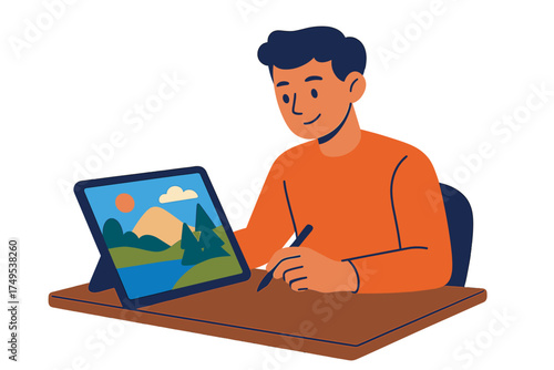 Smiling artist drawing a colorful nature landscape scene on a modern graphic tablet using a digital pen