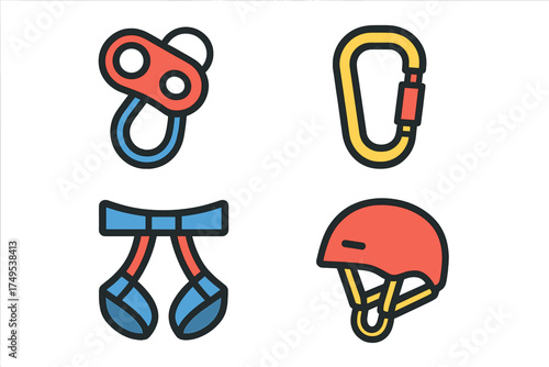 Essential safety equipment for rock climbing and mountaineering activities including harness, helmet, and carabiner
