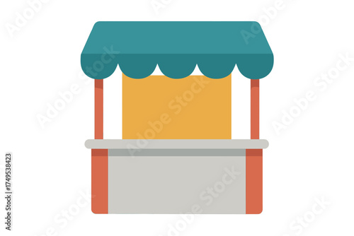 Small retail kiosk stand with a teal awning and blank display counter