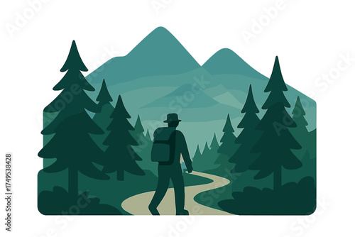 Silhouette of a backpacker walking on a winding path through a coniferous forest landscape