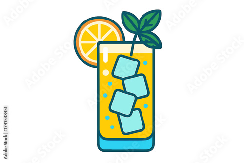 Refreshing tall glass cocktail with ice cubes orange slice and mint leaves