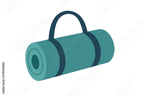Rolled-up turquoise exercise mat secured with dark straps and carrying handle