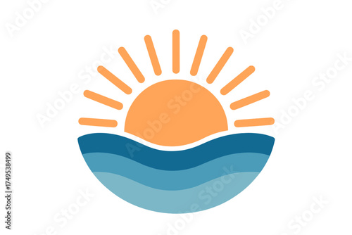 Stylized circular emblem showing the bright orange sun above layered blue ocean waves