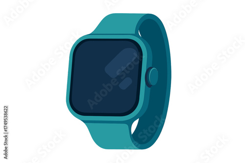 Modern digital smartwatch with teal strap and dark screen isolated on white background