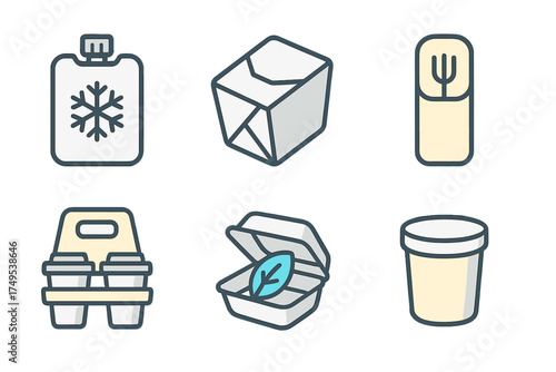Set of icons showing disposable food packaging, including takeout boxes, coffee carriers, ice packs, biodegradable containers, and cutlery