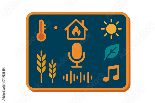 Smart home, climate control, and environmental monitoring icons displayed on a dark panel