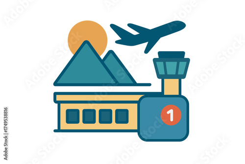 Stylized airport scene with control tower, terminal building, and departing passenger aircraft