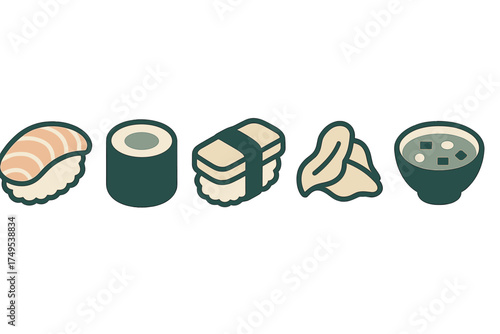 Stylized set of Japanese cuisine elements including sushi, maki, nigiri, and miso soup