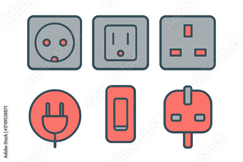 International electrical power sockets plugs and wall switch icons set