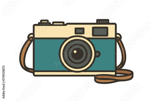 Retro style compact camera with strap in teal and beige colors on white background