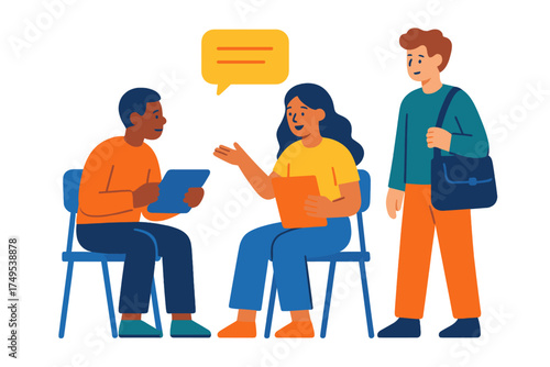 Diverse group of young adults communicating and sharing ideas during a casual meeting