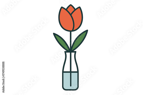 Stylized orange tulip blossom with green foliage in a tall glass vase