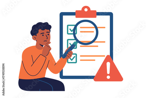 Detailed inspection of a compliance checklist document using a magnifying glass near a risk warning symbol