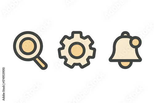 Essential UI icons set including search, settings, and notification symbols