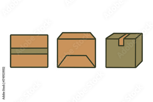 Set of three cardboard delivery boxes in various states for shipping and logistics operations
