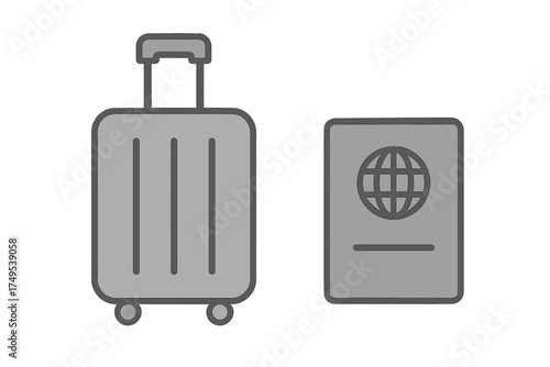 Rolling suitcase and passport document icon representing international travel essentials