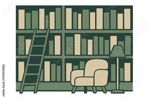 Cozy reading nook with large bookshelf, sliding ladder, comfortable armchair, and floor lamp