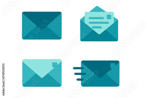 Set of four modern flat icons depicting email communication and digital correspondence