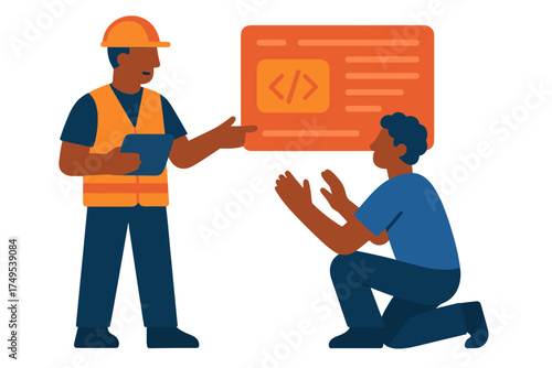 Engineer in safety vest pointing at a coding screen while discussing technical issues with a kneeling developer