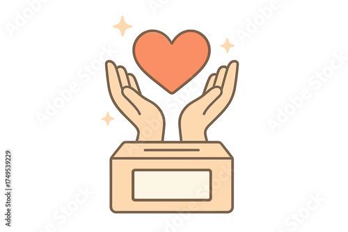 Open hands presenting a large glowing heart over a cardboard donation box symbolizing charity and support