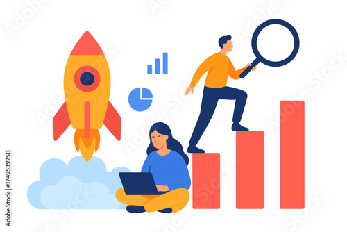 Business professionals analyzing market data and launching a startup toward success and growth