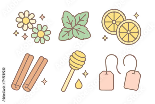 Pastel icons of natural ingredients for tea and herbal remedies: lemon, mint, honey, cinnamon