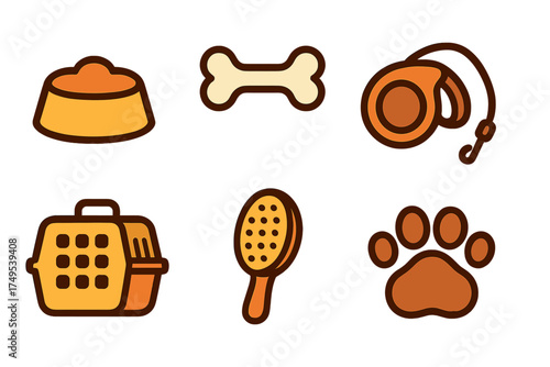 Collection of essential items for domestic pet care including food bowl bone leash carrier and grooming brush