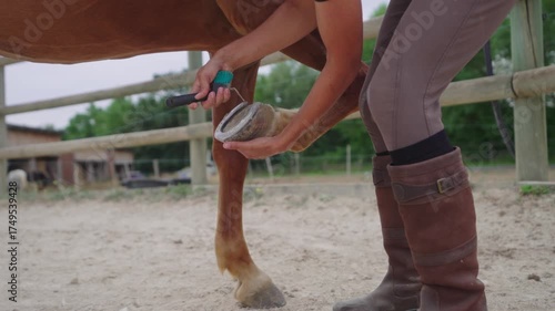 Close-Up of Hoof Cleaning with Pick Brush