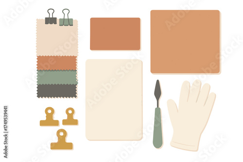 Creative design mood board elements with fabric swatches paper clips and art tools