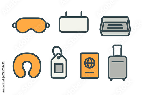 Essential travel and airport icons set including passport, luggage, sleeping mask, and neck pillow