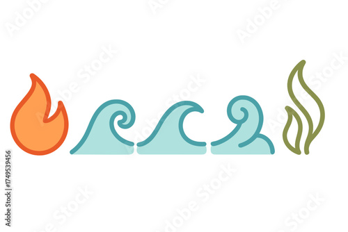 Minimalist graphic symbols for fundamental natural elements fire water air