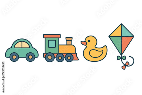 Colorful set of classic childhood toys featuring a green car, train, yellow rubber duck, and geometric kite