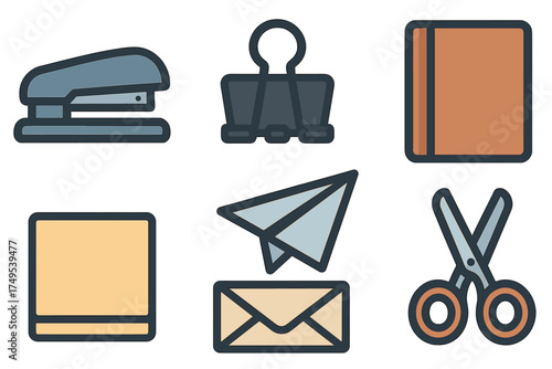 Essential office and school supplies featuring stapler scissors notebook and mail symbols