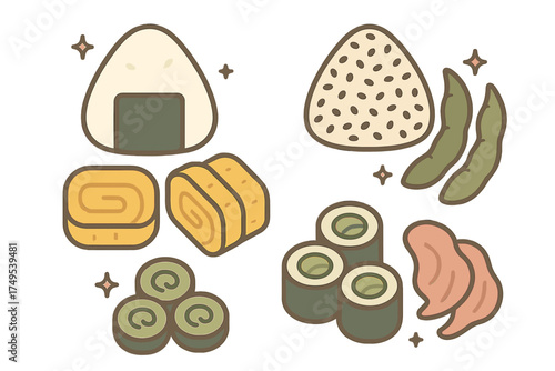 Cute assortment of Japanese dishes including onigiri rice balls, tamagoyaki, and maki sushi rolls