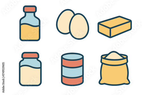 Essential grocery and cooking ingredients collection including dairy, eggs, canned goods, and dry staples