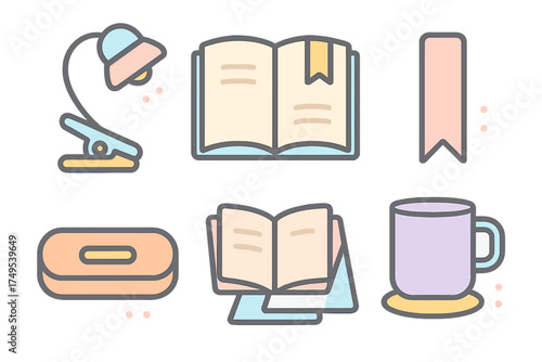 Set of pastel colored icons representing essential study and office supplies and stationery items