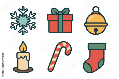 Festive winter holiday symbols set featuring a snowflake present jingle bell burning candle and stocking