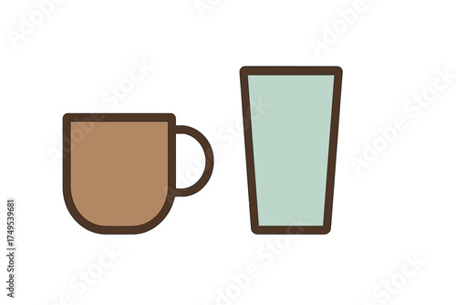 Minimalist brown coffee mug and tall clear beverage glass set against a white background