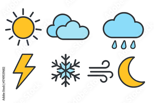 Colorful set of weather condition symbols showing sun, clouds, rain, snow, lightning, and wind