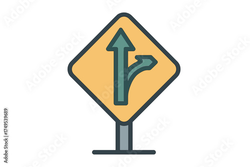 Yellow diamond warning sign indicating merging traffic ahead on the road