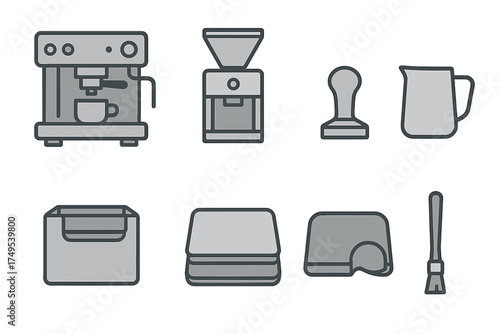 Gray icons collection of espresso machine, coffee grinder, tamper, milk pitcher, and barista accessories