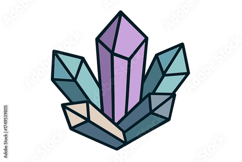 Stylized arrangement of faceted mineral crystals featuring purple and teal colors